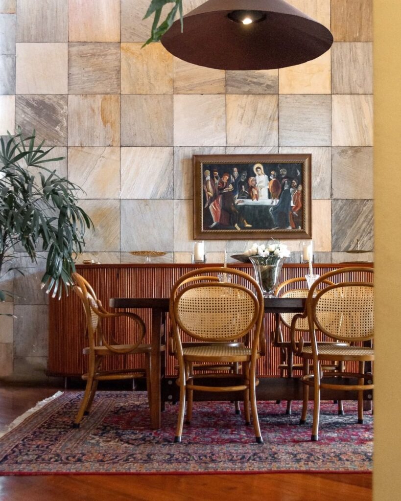 Dining room with mix of elements and textures.