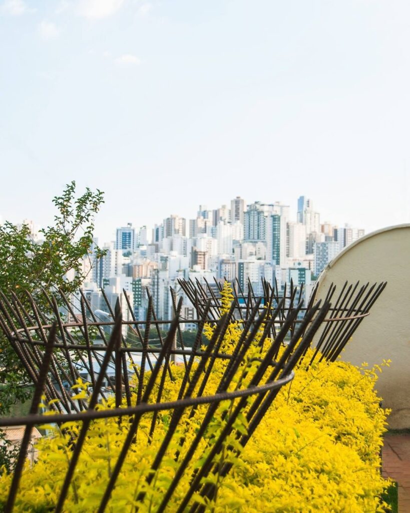 Organic shapes in the garden railings with the city in the background.