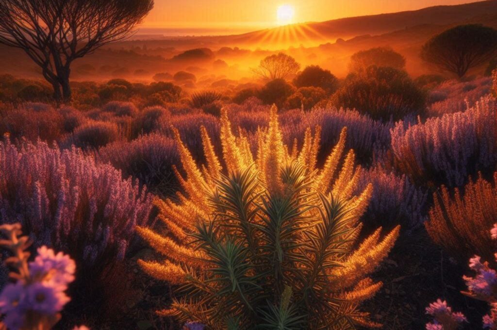 An AI-generated image of a field under a sunset with a gold rosemary in the center